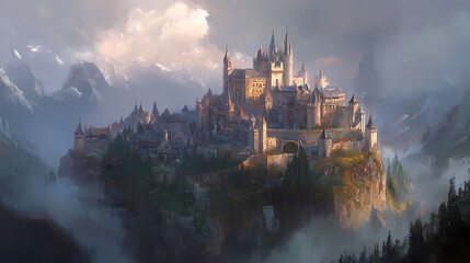 Medieval castle with a nearby village under siege by enemy troops, painting. Medieval Castle Siege. Illustration