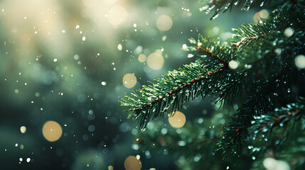 Closeup of Fir Branch with Bokeh Lights