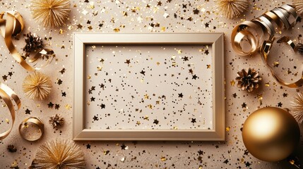 Gold and white festive decorations frame, isolated on a shimmering background.
