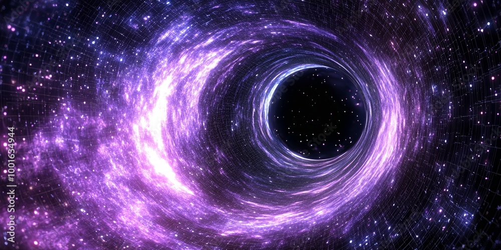 Poster A swirling black hole in space, with a purple glow.