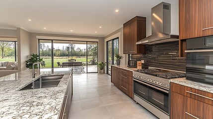 Obraz premium Modern kitchen interior design with wooden cabinets, stainless steel appliances, and granite countertops