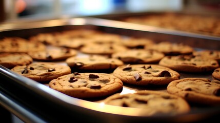 Freshly baked chocolate chip cookies on a baking sheet with oozing melted chocolate drops