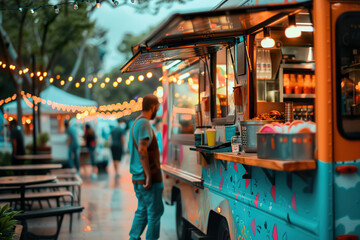 A food truck is parked on a street with a crowd of people walking by. generative ai.,