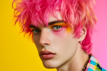 Fototapeta premium Male Model with Pink Hair and Colorful Makeup