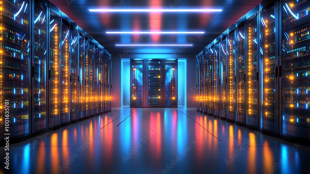 Poster a futuristic server room with rows of glowing servers and neon lights.