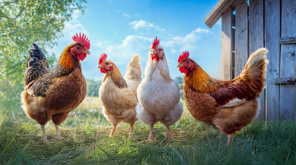 Four chickens standing together on a grassy area near a wooden barn under a bright blue sky in the countryside