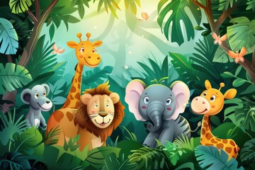 Fototapeta premium A group of animals in a jungle setting, including a giraffe, elephant, lion, generative ai image