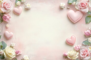 Romantic floral background with roses and hearts in soft pastel colors.