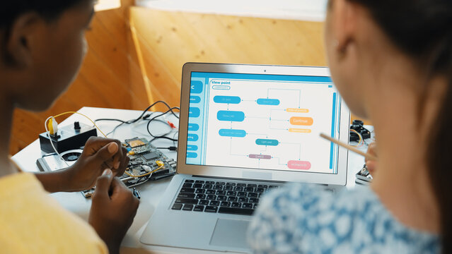 Laptop display coding system while student studying writing engineering code. Back view of diverse student learning programing system while pointing at screen at STEM technology class. Edification.