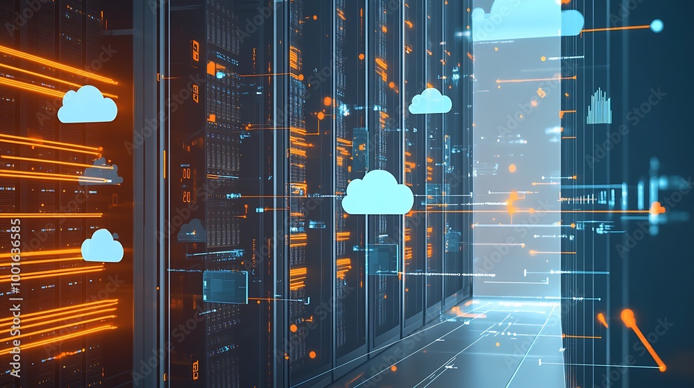 Poster Server room with glowing lights and cloud icons symbolizing cloud computing.
