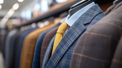 Tailored suits displayed elegantly in a clothing store showcasing various styles and colors