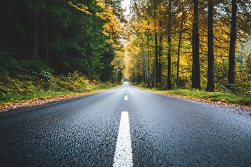 Fototapeta premium Empty asphalt road through autumn forest, concept of journey, travel, road trip, exploration