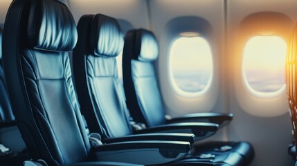 Obraz premium Empty airplane seats by the window with stunning sunset over the clouds in the background