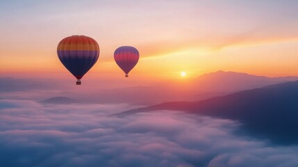 Obraz premium Colorful hot air balloons soaring above the clouds at sunset in a scenic sky