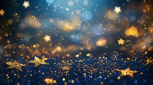 New Year background with golden stars and bokeh lights