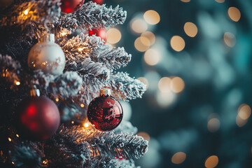 A Christmas tree decorated with glowing lights, tinsel, and ornaments.