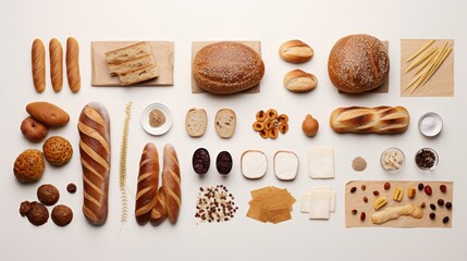 Gold assortment bread homemade on white wood background, captured from above top view. Neural network ai generated art