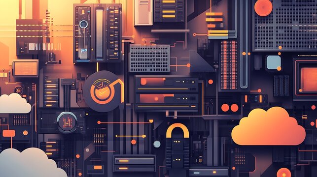 Abstract illustration of a futuristic cityscape with servers, cloud computing and data storage.