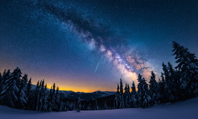 Night Sky Photography, Milky Way Above Snow-Covered Forest with Mountain Landscape, Starry Sky, Winter, Cosmic, Nature, Astrophotography, Galaxy, Scenic, Astronomy, Wilderness, Tranquility