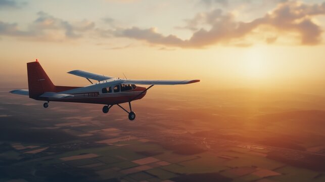 Small plane flying at sunset over a patchwork of fields and valleys