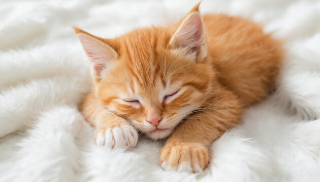 Chat chaton roux orange endormi coussin couverture lit blanc repos sieste mignon adorable.
