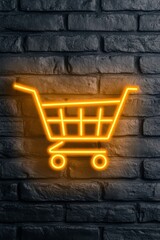 Neon shopping cart emblem glowing on a textured brick wall in an urban setting