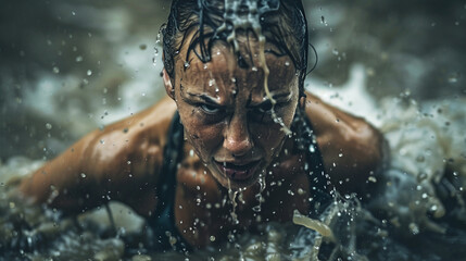 Fierce female athlete powers through muddy water in training