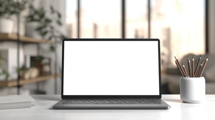 Laptop with Blank Screen on White Desk