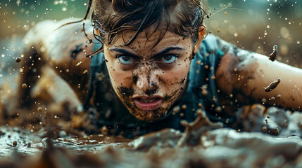 Extreme female athlete struggles through mud in outdoor fierce sport competition 