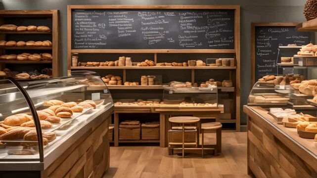Bakery Interior with Display Cases, Wooden Shelves, and a Menu