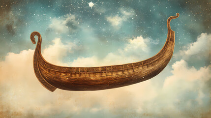 Obraz premium Official artwork of a magical vehicle, a flying viking longship. Viking Longship. Illustration