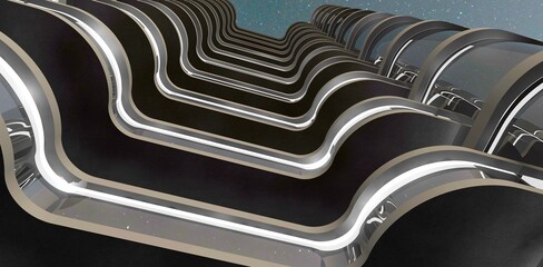 Relief facade of an advanced office building in Boston. White LED lighting. View from below at night. 3D rendering..