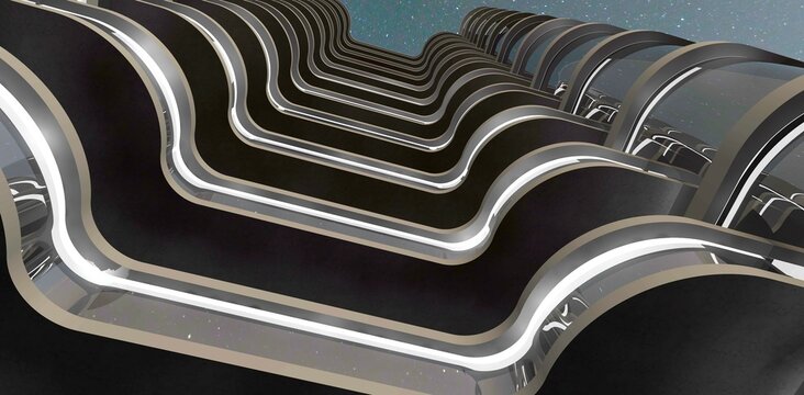 Relief facade of an advanced office building in Boston. White LED lighting. View from below at night. 3D rendering..