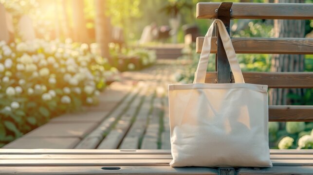 Tote bag mockup concept image with a blank tote bag sitting outside in a park on sunny day for the large sturdy cloth unfastened bag with parallel handles with copy space