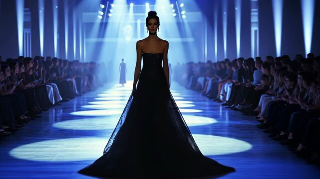 A model walks the runway in a long black gown during a fashion show