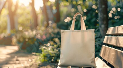 Tote bag mockup concept image with a blank tote bag sitting outside in a park on sunny day for the large sturdy cloth unfastened bag with parallel handles with copy space