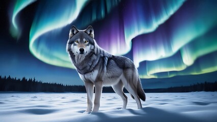 This mesmerizing image captures a lone wolf standing in a snow-covered field, silhouetted against the vibrant hues of the northern lights. 