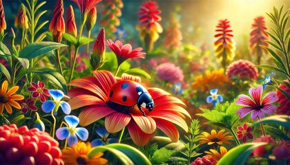Fototapeta premium Ladybug rests on a vibrant flower under sunlight in a blooming garden