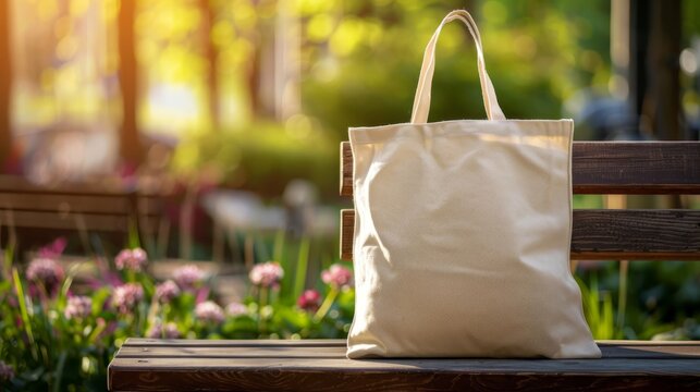 Tote bag mockup concept image with a blank tote bag sitting outside in a park on sunny day for the large sturdy cloth unfastened bag with parallel handles with copy space
