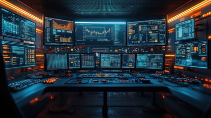 A control room with multiple screens monitoring GPU mining operations, showing the real-time oversight and management of cryptocurrency networks and technology.
