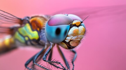 Close-up of a dragonfly’s compound eye showing complex facets and iridescent colors photorealistic detail, super macro shot 