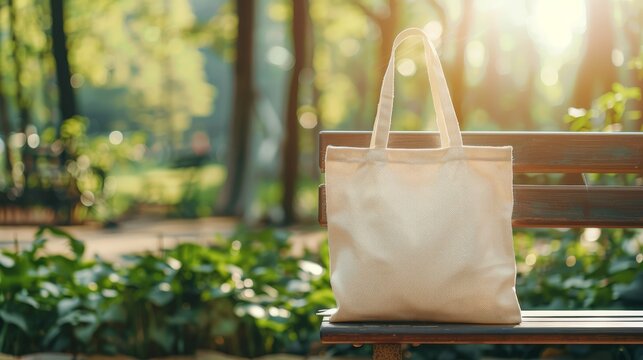 Tote bag mockup concept image with a blank tote bag sitting outside in a park on sunny day for the large sturdy cloth unfastened bag with parallel handles with copy space