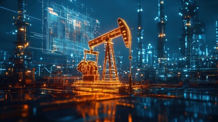A pumpjack in a futuristic oil field illuminated by a digital holographic display, conveying a sense of innovation and progress in energy extraction technology.