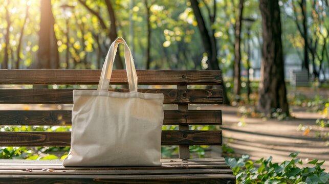 Tote bag mockup concept image with a blank tote bag sitting outside in a park on sunny day for the large sturdy cloth unfastened bag with parallel handles with copy space