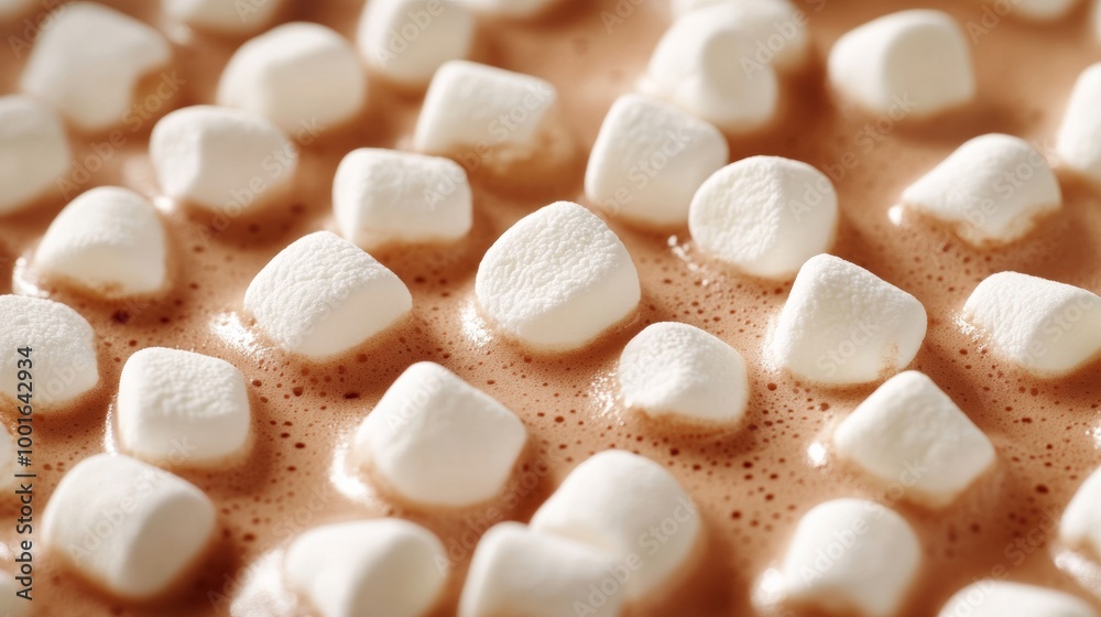 Wall mural Close-up of hot chocolate topped with melting marshmallows showing the frothy, creamy surface photorealistic, super macro shot 