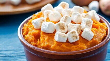 Close-up of mashed sweet potatoes with marshmallow topping lightly toasted smooth texture winter side dish, super macro shot 