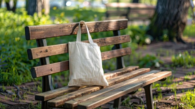 Tote bag mockup concept image with a blank tote bag sitting outside in a park on sunny day for the large sturdy cloth unfastened bag with parallel handles with copy space
