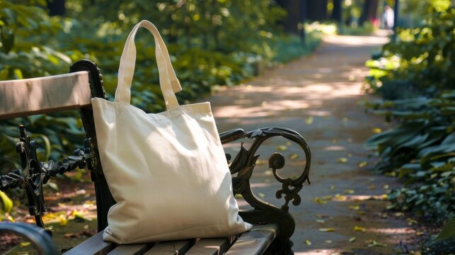 Tote bag mockup concept image with a blank tote bag sitting outside in a park on sunny day for the large sturdy cloth unfastened bag with parallel handles with copy space