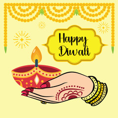 Vector Happy Diwali festival of light and Happy Diwali banner and icon design illustration of Diwali design off white color background and lady hand design  