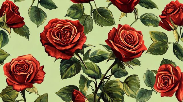 A close-up view of red roses blooming with green leaves on a light green background